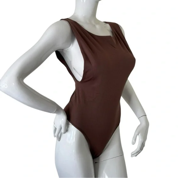 AURA Sleeveless Thong tank top Bodysuit ultra stretch deep chocolate brown L XL - Picture 4 of 17